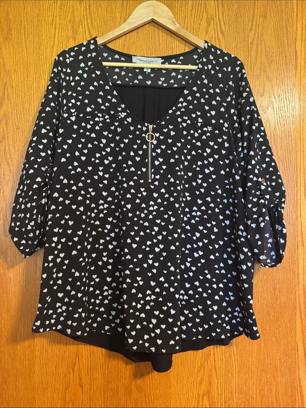Tempted Hearts Black Top with White Heart Print and Zip Detail